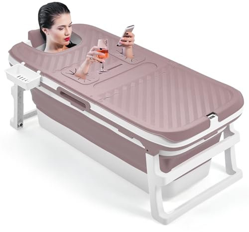 Warmiehomy Portable Bathtub Adult,135x54x61CM Folding Bathtub with Lid,Thicken Barrel Insulated Bathtub with Soap Basket,Neck Pillow,Massage Rollers,Thermometer Display,Deal for Small Spaces,Pink