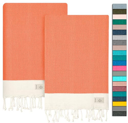 NOUR Hamamtuch Strandtuch | 2er Pack | groß 100x200 cm | aus 100% Baumwolle | Picknickdecke | Saunatuch | Extra leicht | saugstark | schnelltrocknend | Sandfrei (orange)
