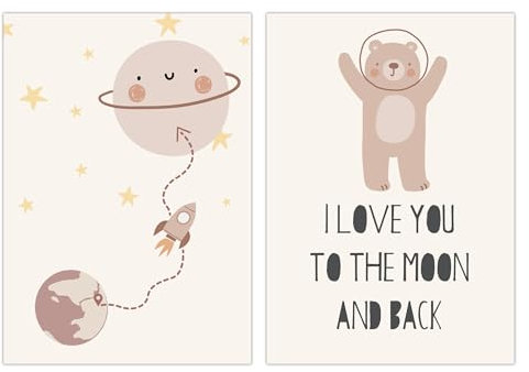FAVELOT Poster Kinderzimmer Jungen & Mädchen A4 - Welt, Mond, Beige Boho - Bilder Babyzimmer Deko - Deutscher Premium-Druck - 2er Set Din A4