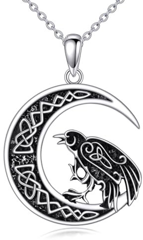 YFN Rabe Halskette 925 Sterling Silber Keltischer Mond Anhänger Schwarze Krähe Schmuck Geschenk für Männer Frauen (mit schöner Geschenkbox)