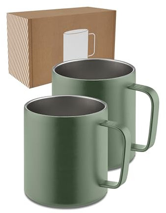 LAMBDA COFFEE® Edelstahl Tasse 2x360ml Thermobecher mit Henkel I Kaffeetasse doppelwandig isoliert I Tassen Set für Camping & Outdoor I Thermo Kaffee Becher (Grün)