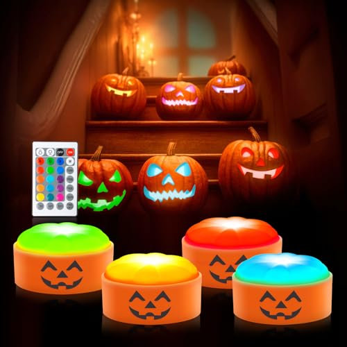 Gobesty Halloween Kürbis LED Lichter mit Fernbedienung, 4 Stück Halloween Kürbis Licht 16 Farben LED Kürbis Licht mit Timer, Batteriebetriebenes Flammenlose Kerzen für Halloween Dekoration