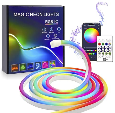 FWoche Tira LED Neón 5m RGB+IC Tira LED USB IP67 con Control de APP Bluetooth y Remoto IR, Sincronización de Música, Tira de Luz de Silicona Flexible, Color Mágico para Salón, Dormitorio, Pared