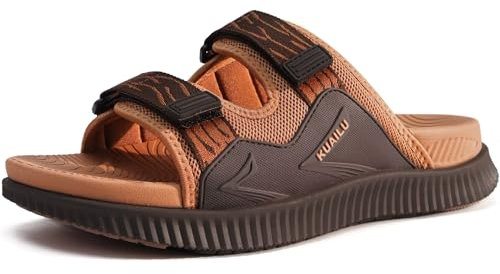 KuaiLu Mens Walking Slide Sandals Orthotic Athletic Thick Cushion Recovery Sport Sandles Adjustable Strap Open Toe Slip On Yoga Mat With Comfortable Plantar Fasciitis Arch Support Khaki Size 9