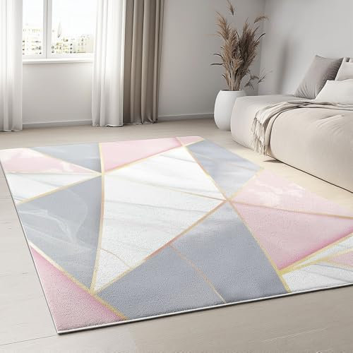 Teppich BedruckterMarmordreieckecke Waschbar rutschfest Wohnzimmer Schlafzimmer Rosa Grau Büro Modern Design Teppich 160 x 230 cm