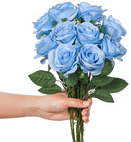 LEUCHTAMOR Lot de 10 roses artificielles longues réalistes - En soie - Pour le bricolage, les bouquets de mariée, les arrangements, les fêtes et la décoration de la maison (bleu ciel)