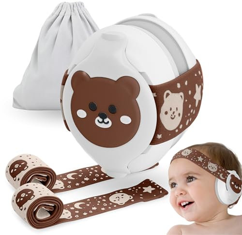 BELLEBEBE - Casque Anti Bruit Bébé - 0-36 Mois - Hypoallergénique et Sans BPA - Certifié EN352-1, RoHS, CPC - Casque Avion Bebe - Bandeau Ajustable (Blanc & Marron)