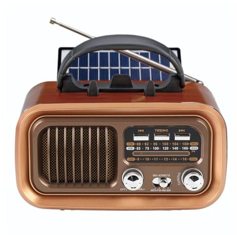 Bluetooth Vintage Retro Radio, Transistor de FM Small Am SW, Radio Operada con Batería o Solar Recargable TWS, Soporte TF Tard/USB Reproducir (Gold)