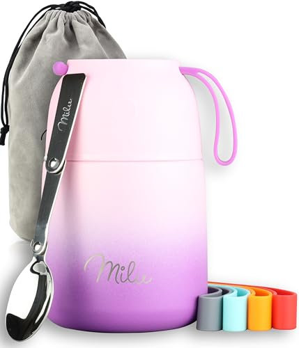 Milu Termo para Comida 450 ml Taza Aislada, Botella de Acero Inoxidable Aislada Alimentos, Beber y sopa de los niños de adultos Térmico (450ml/Violeta Rosa)