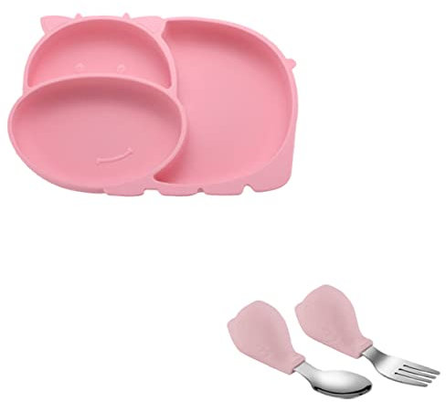 CATIEBYE 1Ensemble Set Assiette Silicone Pour Vaisselle Entraînement Avec Fourchette Et Cuillère Plaque De Dîner Ergonomique Pour Repas
