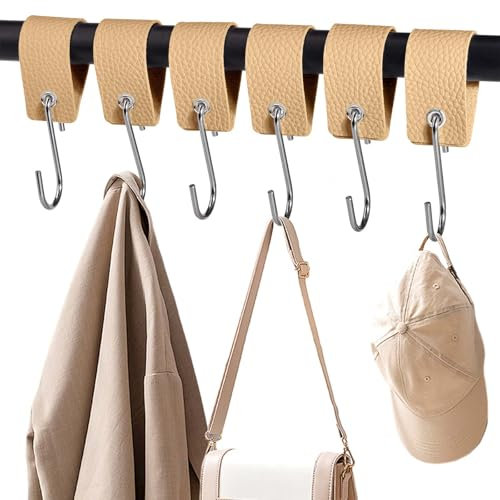 XHTXHT 6 Stück S Haken mit Lederschlaufe,haken für Kleiderstange Haken Garderobe Kleiderhaken Edelstahl für Garderobe Küche Badezimmer Camping (Aprikose)