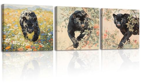 Piy Painting 3 Pcs Tiere Bilder Wohnzimmer Modern Panther Wandbilder Mit Rahmen Kunstwerk Kunstdrucke Wandkunst Leinwand Malerei Leinwanddrucke leinwandbilder Badezimmer Büro 30x30 cm