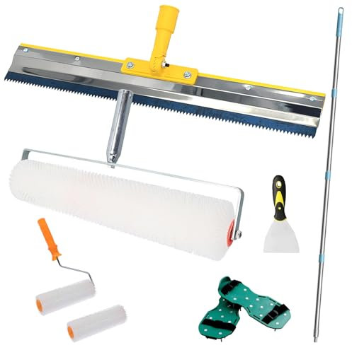 jackfru Kit d'outils de revêtement de sol 4 pièces, masse de nivellement, rouleau d'aération, manche télescopique, raclette debout, chaussures à clous (un ensemble)