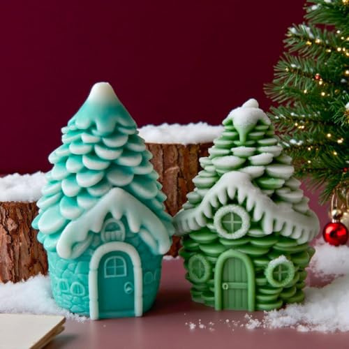 Silikonformen Gießformen Weihnachten, 3D Tannenzapfen Silikonform Häuser Kerzen Formen Silikon Tannenzapfen Gießformen Silikon Weihnachten Silikonform Winter Kerzenformen zum Gießen Haus (2PCS)