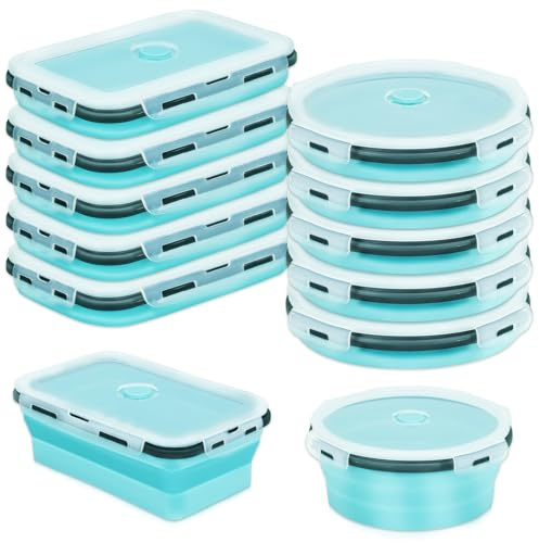 OJMHD 10 Pack Collapsible Food Storage Containers with Lids, Microwave Safe | Foldable Silicone Lunch Box Bulk, Rectangular & Round Portable Stackable Meal Perp Bowl for Camping Kitchen Travel School RV