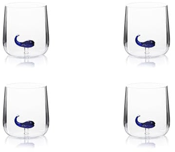 Excelsa Inside Set 4 Bicchieri in Vetro Borosilicato, Decorati a Mano con Soggetti Interni al Bicchiere, Trasparente, 450 ml (Balena)