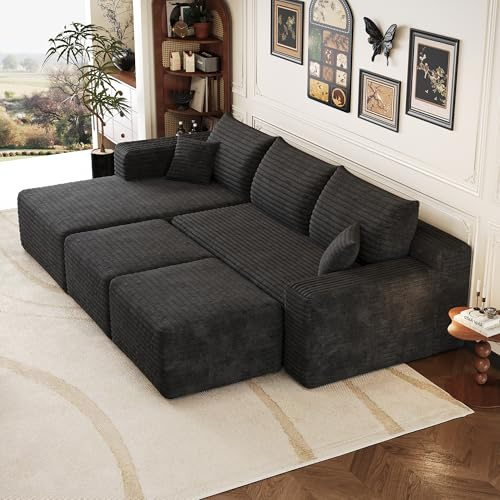 FammyLoft Modulares Boneless 5-Sitzer Schlafsofa, Ecksofa mit Schlaffunktion, Big Cloud Couch 241cm, L-Form Sofa Bed, Compressed Sofa, für Wohnzimmer/Jugendzimmer, Corduroy, Schwarz(Linker Sessel)