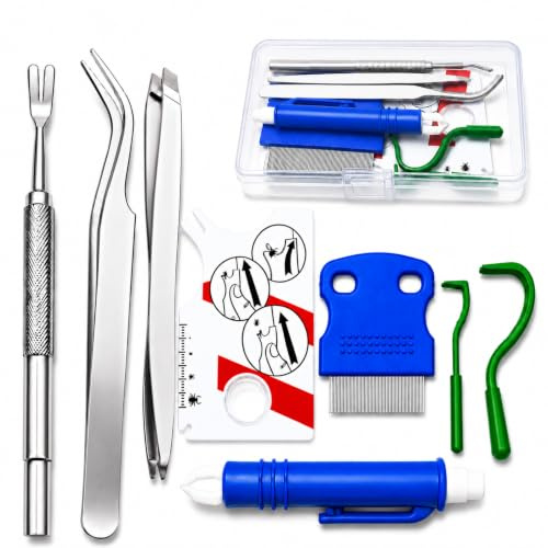 XFYKSTT Kit Quita Garrapatas de 8 Piezas para Personas, Perros y Gatos | Con Caja, 3 Pinzas para Garrapatas de Acero Inoxidable, Pinza Automática, Tarjeta con Lupa, 2 Ganchos y Peine Antipulgas