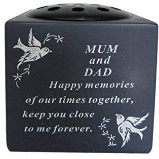 Mum & Dad Slate Grey Memorial Flower Vase – Dove & Diamante Detail Grave Plaque Tribute