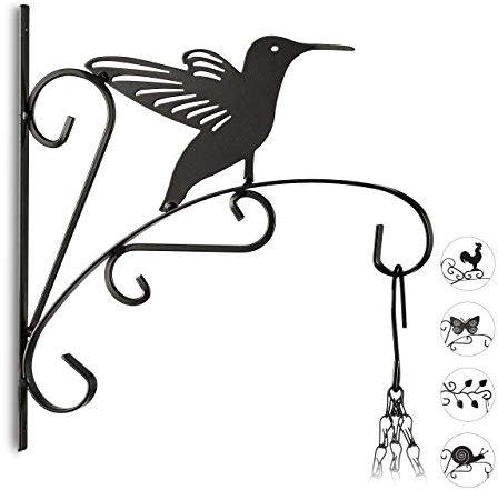 Relaxdays Blumenhaken mit Vogel, Blumenampelhalter für Wand, Topf, Garten-Deko Kolibri, HxBxT: 30 x 27,5 x 2 cm, schwarz