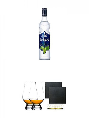 Tekirdag Raki blaue Flasche 0,7 Liter + The Glencairn Glas Stölzle 2 Stück + Schiefer Glasuntersetzer eckig ca. 9,5 cm Ø 2 Stück