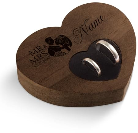 Hochzeit Ringkissen Herz Ringhalter individuell Namen 10 x 8,5 cm Kebony Holz - Mr & Mrs