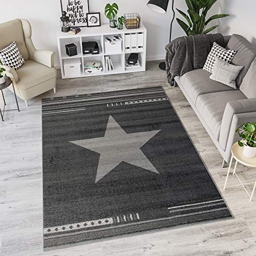 TAPISO MAROKO Teppich Kurzflor Meliert mit Designer Stern Muster Schwarz Grau Wohnzimmer Schlafzimmer Jugendzimmer ÖKOTEX 200 x 290 cm