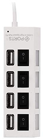 Premium 4 Ports USB Hub Expansion USB 2.0 à Grande Vitesse Hub Multi Switch USB Switch Cable Adapter pour PS3, Wii, PC, Mac, SWebcam, Mouse, Printers, Scanners (Blanc)