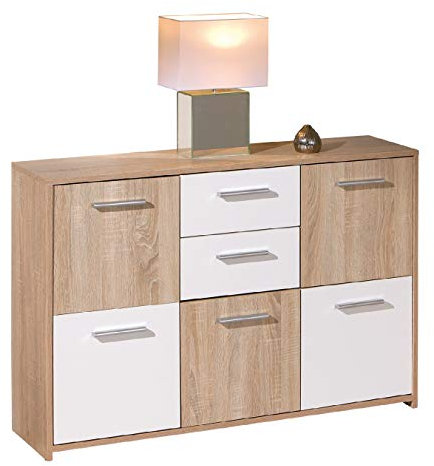Dmora Buffet avec cinq portes et deux tiroirs dans la partie centrale, couleur blanc et chêne, Dimensions 115 x 77 x 30 cm