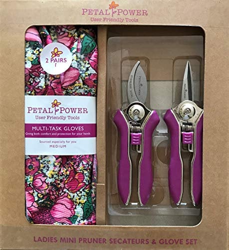 Ladies Mini Pruner Secateurs & Ladies Gardening Gloves (2 Pairs) Set - Bypass & Snipper Pruners - Lightweight Garden Gloves - Best Garden Gift for Women (Medium Glove, Purple/Rose Garden Floral)