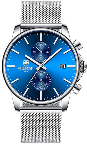 Herrenuhr Mode Schlanke minimalistische Quarz Analog Mesh Edelstahl wasserdichte Chronographenuhren, Auto Date in silbernen Zeigern, Farbe: Silberblau
