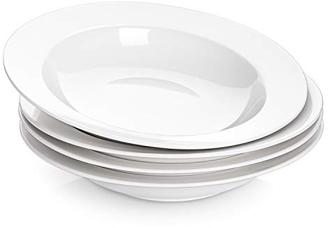 DOWAN Soup and Pasta Bowls Set of 4, White Porcelain Wide Rim Salad Plates, 20 Ounces, Microwave & Dishwasher Safe