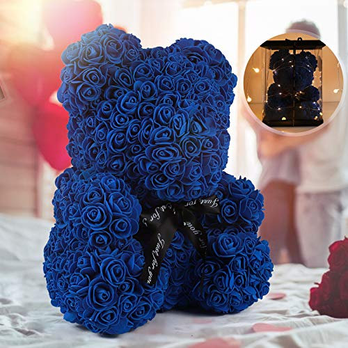 RECUTMS Rose Teddy Bear, 10 inch Flower Bears with Lights, Artificial Foam Floral Gifts for Valentines Day Mothers Day Christmas Wedding Anniversary Birthday Home Bedroom Office Decor (A-Royal Blue)