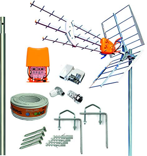 TECNOVOZ Kit Antena Televes 5G + Amplificador y Fuente + Mástil 1.2m + Garras + Conexiones + 20m Cable Televes