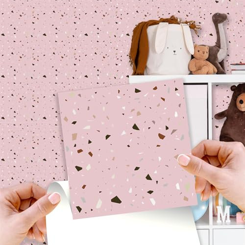WALPLUS 15cm(6)@24pcs Rose Pink Metallic Silver Terrazzo Wall Tile Sticker Tile Paint Stick on Tiles Peel and Stick Self Adhesive Wall Tiles Stickers for Kitchen Bathroom Tile Transfer Backsplash