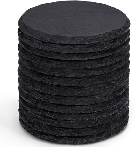 13 Pieces Slate Drink Coasters, GOH DODD 4 Inch Black Coasters Stone Coaster Set, Laser Engraving Blanks with Anti-Scratch Bottom for Home Office Kitchen Bar Housewarming Gifts Wedding Party, Round