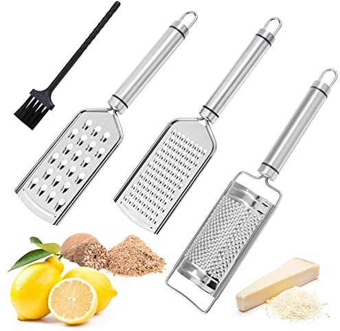MoonSing Rallador de Limón, 3Pcs Ralladores de Queso de Mano, Zester de Cocina con Cuchilla de Acero Inoxidable Fino&Grueso con 1 Cepillo, para Queso, Ajo, Chocolates, Verduras