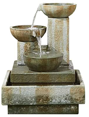 Easy Fountain Patina Bowls Water Feature – Mains Powered, No Plumbing, Outdoor Garden Fountain with Recirculating Pump, Polyresin, Patio & Garden