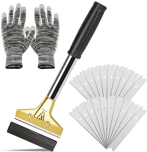 wanguan Razor Blade Scraper,Floor Scraper Tool with 20PCS Extra Blades,Paint Scraper Ideal for Cleaning Stove Top,Windows,Glass,Tiles,Wall,Labels.(4 in,Metal)