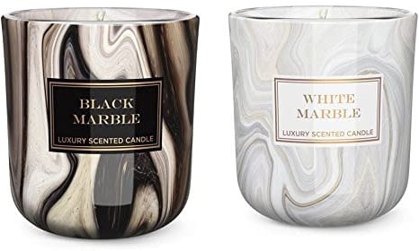 Dekohelden24 Duftkerze/Windlicht/Kerze im Glas - 2 Fach Sortiert/Duftrichtung White Marble und Black Marble, L/B/H 8,5 x 8 x 8,5 cm, 150g