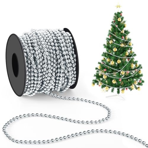 Chuangdi Perlenkette Weihnachtsbaum 21 M/Rolle 4mm Perlenschnur Perlengirlande Dekoration Weihnachtsbaumschmuck Kunststoff Perle Christbaumschmuck PerlenbandZubehör für DIY (Silber)