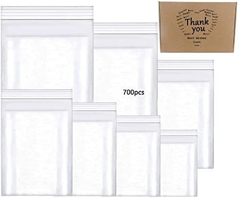 newlng 700pcs Reusable Plastic Bags, Multiple Sizes, Resealable, Clear, Zipper Closure, Ideal for Storage, Jewellery, Medicine, Seeds, Coins