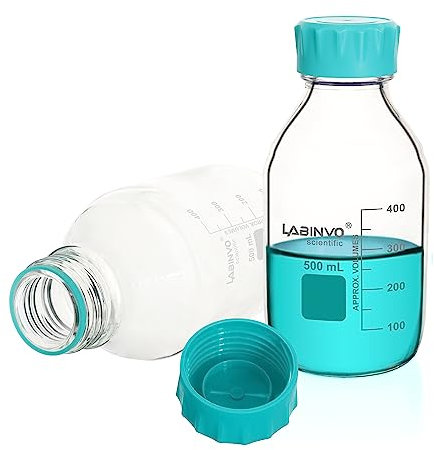 LABINVO Glass Round Media Storage Bottles, 4pcs of Vol.500ml, 3.3 Borosilicate Glass Material, With GL45 Polypropylene Screw Cap in Aqua Blue Color, Type B Cap,IN-RB500A