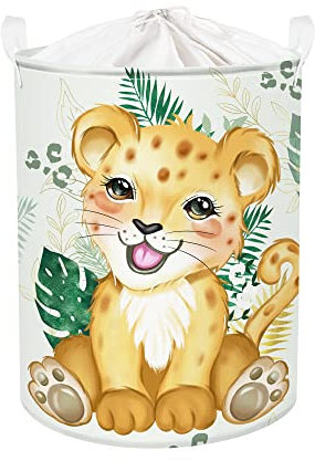 Clastyle 45L Niedlich Gelb Leopard Grün Blätter Baby Wäschekorb Safari Tiere Rund Spielzeug Kleidung Aufbewahrungskorb für Kinderzimmer, 36x45 cm