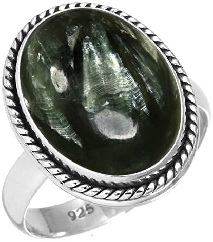 Jeweloporium 925 Silber Ringe für Frauen Grün Natürlich Russischer Seraphinit Edelstein Boho Silber Ringe Größe 58(18.5) Hochzeit Geschenk Handgefertigt Schmuck