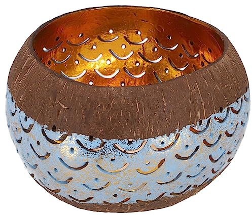 GURU SHOP Exotisches Kokosnuss Teelicht - Modell 5 Blau, 9x14x14 cm