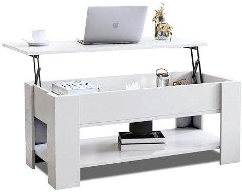 Blisswood Coffee Table With Storage, Lift Up Coffee Table For Living Room, Wooden Coffee Tables With 1 Shelf Large Hidden Storage Lift-Top Sofa End Tea Table, White 100L x 50W x 42-57H cm