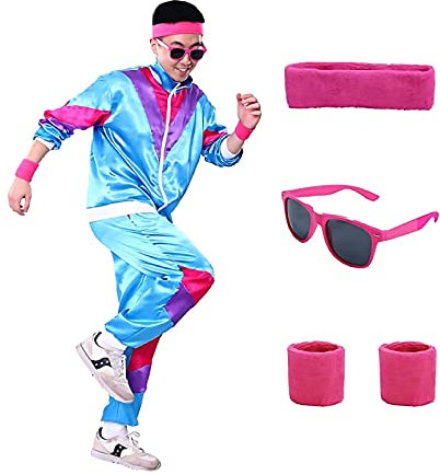 80er Jahre Outfit Herren Damen,90er Jahre Kostüm 80s Trainingsanzug Jogginganzug Sportanzug Erwachsene Faschingskostüme für Mottoparty Karneval Halloween (Blau, 2XL)