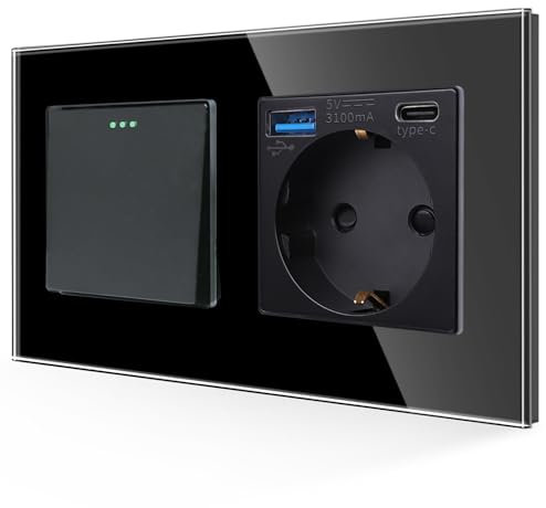 JIMEIDA Interruttore della luce con presa USB, nero, USB A e porta di tipo C, max. 3.1A, 1 scomparto a 1 via, con piastra in vetro, moderno interruttore a bilanciere in cristallo, 10 Amp, 250 V
