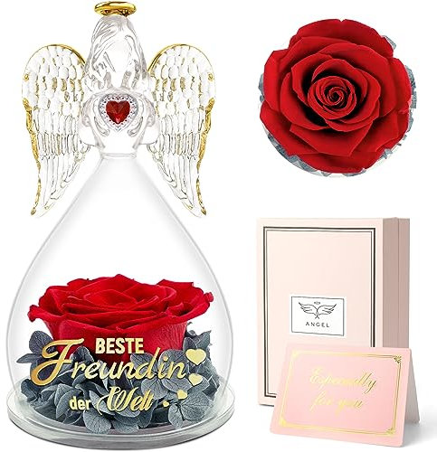 Sunia Geschenke für Freundin, Beste Freundin Geschenke, Engel Figur mit Spruch Beste Freundin der Welt, Ewige Rose Engel Glaskuppel,Ewige Blume Geschenk,Rose Geschenk Freundin Weihnachten Geburtstag